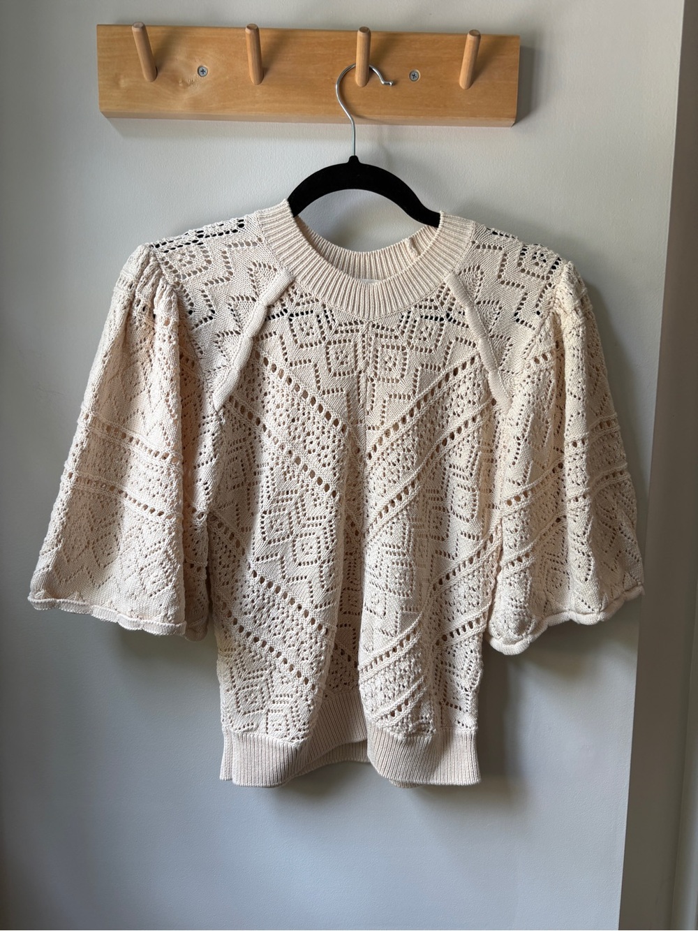 BA&SH Cream Openwork Knit Puff-Sleeve Sweater